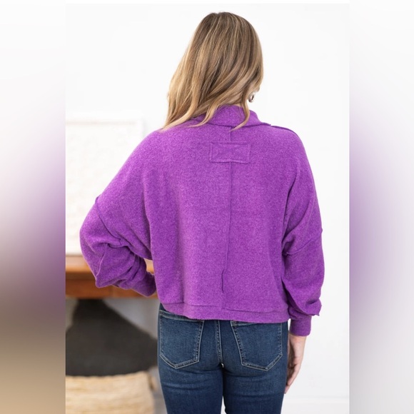 Zenana Hacci Oversized Mock Neck Exposed Reverse Seam Top, Magenta, Large/XL - Picture 10 of 10